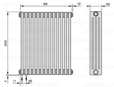 Схема (чертеж) Радиатор Zehnder Charleston 4300/13 №3370 Белый глянцевый RAL 9016